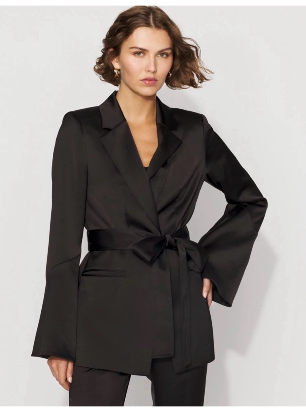 White House Black Market Bell Sleeve Black Satin Tie-Waist Blazer Jacket